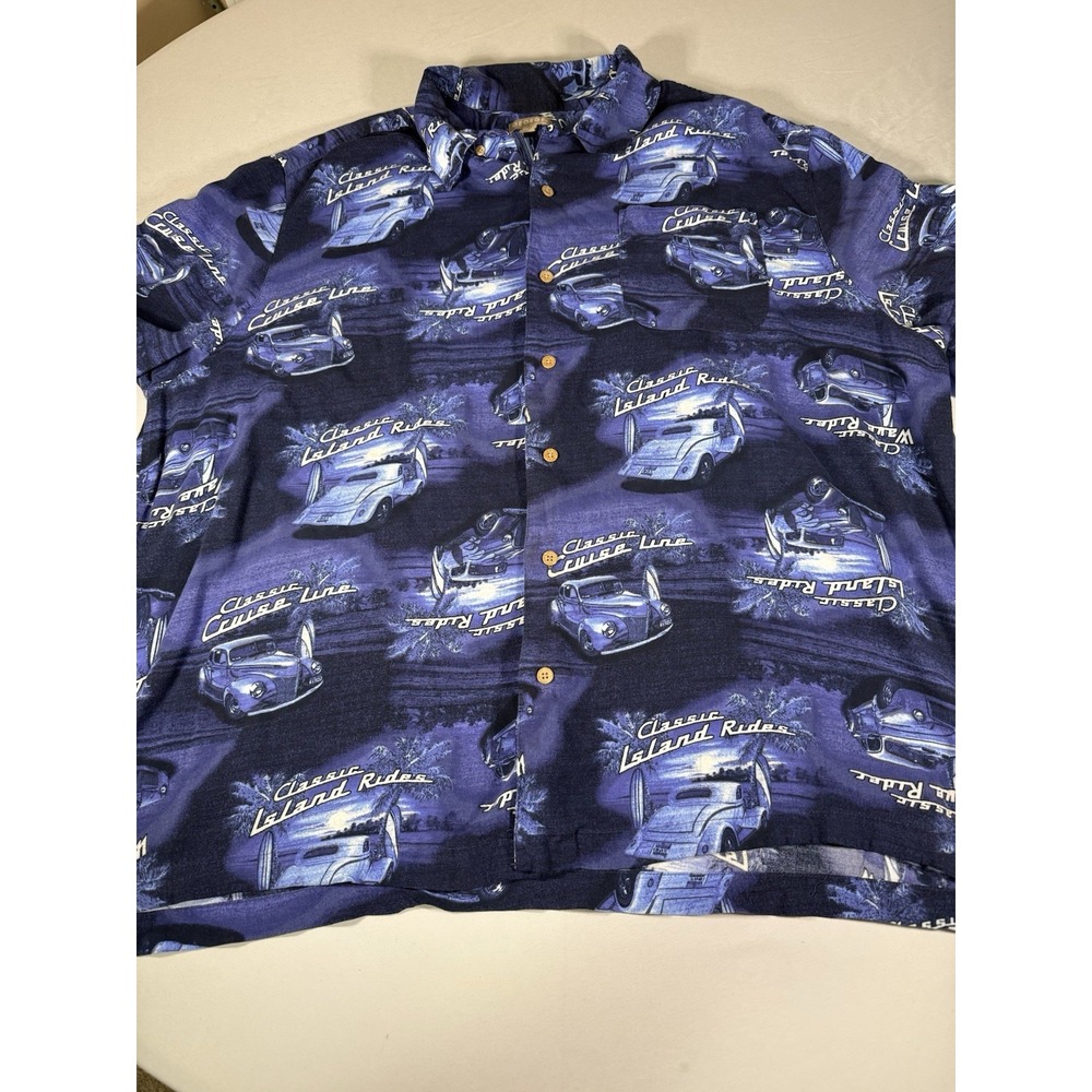 George 2XL Classic Island Rides Hot Rod Car Hawaiian Shirt Rayon Aloha Blue Y2K